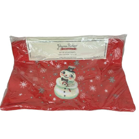 Johanna Parker New In Package Set Of 4 Cotton Red Snowman Snowflake Placemats - Picture 1 of 3